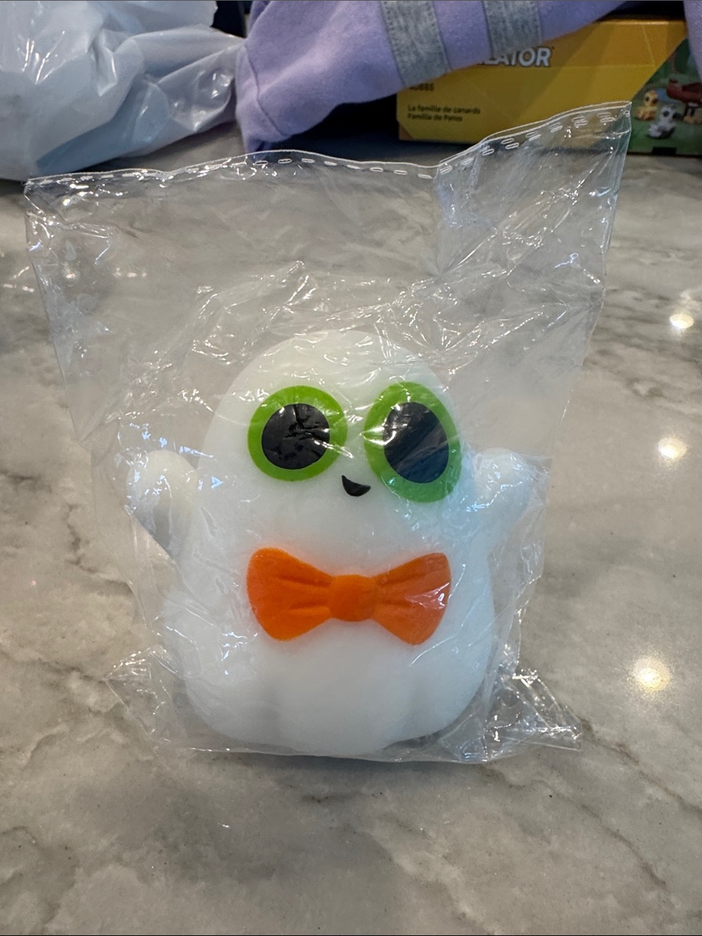 IKEA White Ghost Bath Toy with Green Eye Rings and Orange Bow Tie